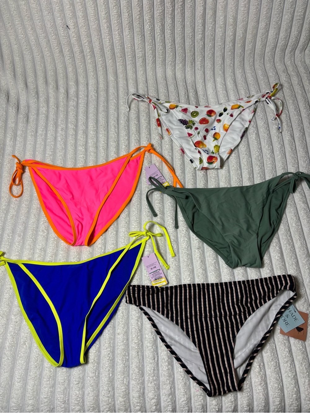 Assorted women’s Bikini Bottoms - Pink, Blue, Green, Fruit Print, Black Stripe